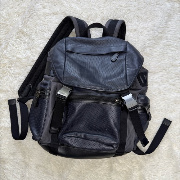 Coach Mens Terrain Trek Pack Navy Blue Leather Backpack # 57477 Travel Business - Picture 1 of 14